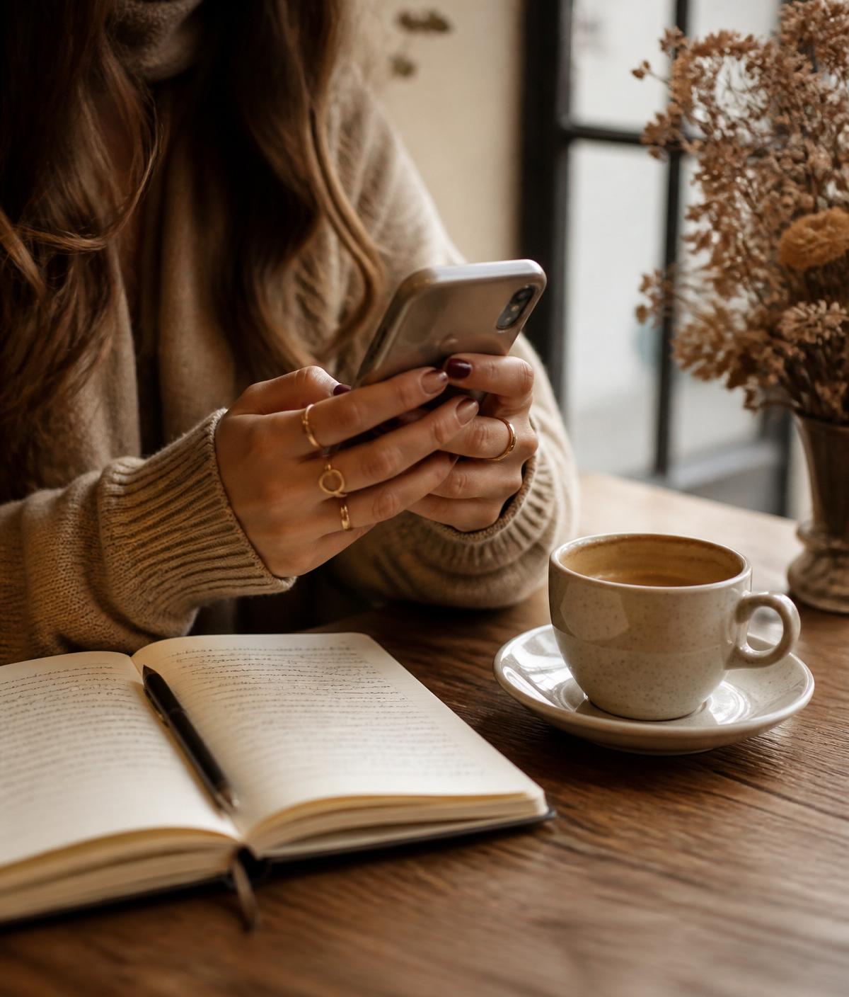 Pessoa em um café, com o celular em mãos e um caderno aberto