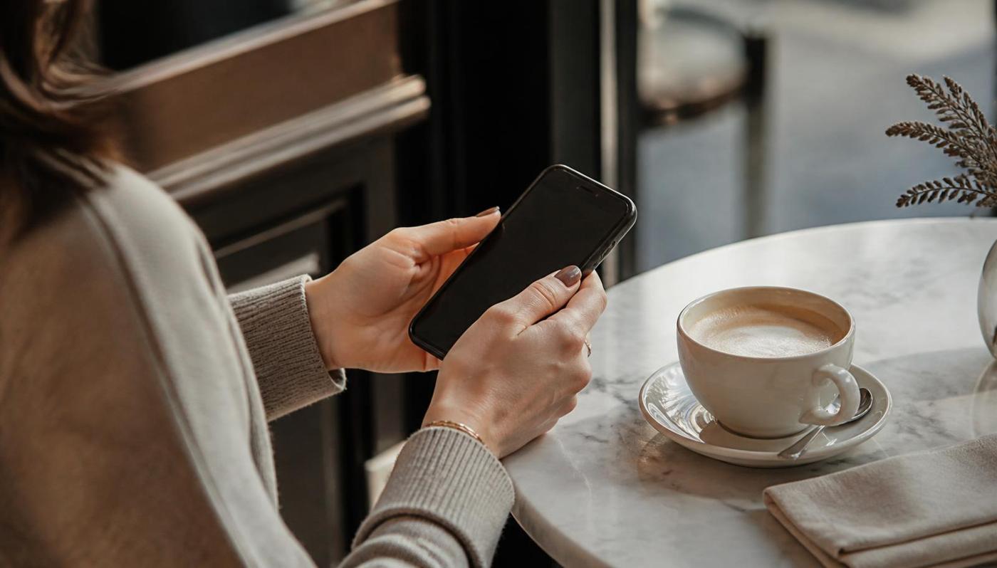 Mulher em uma cafeteria com o celular em mãos ao lado de um café