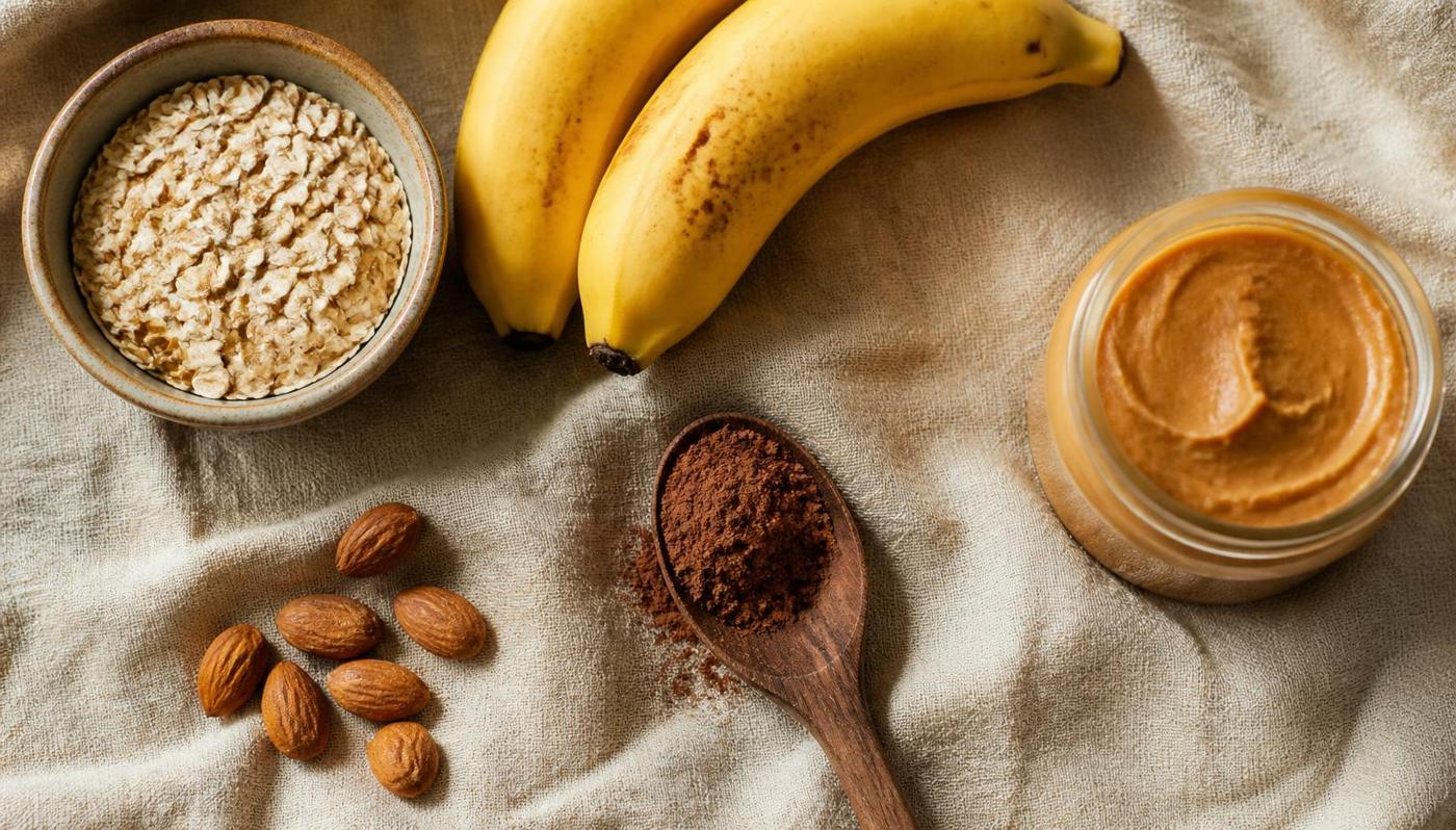 Ingredientes simples sobre linho: café, aveia, cacau e banana