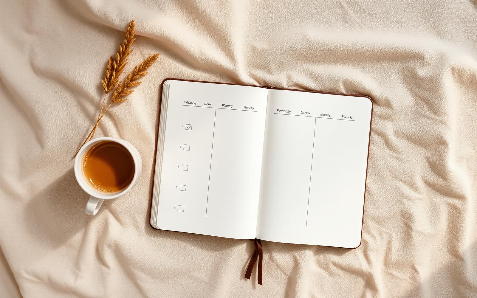Planner semanal com check-ins e uma xícara de café